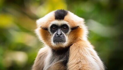 Vivid Portrait of a YellowCheeked Gibbon Monkey Frolicking in a Forest Canopy, Illuminated by Sunlight and Surrounded by lush Greenery