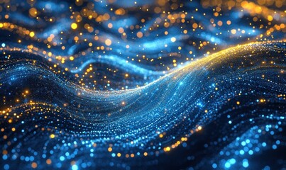 Celestial sea of shimmering blue and gold particles dances in undulating waves