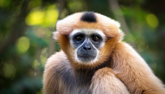 Vivid Portrait of a Playful Yellow Cheeked Gibbon Monkey Amidst the Lush Forest Canopy, Showcasing Energetic Dynamics and Wild Beauty in the Heart of Tropical Fauna.