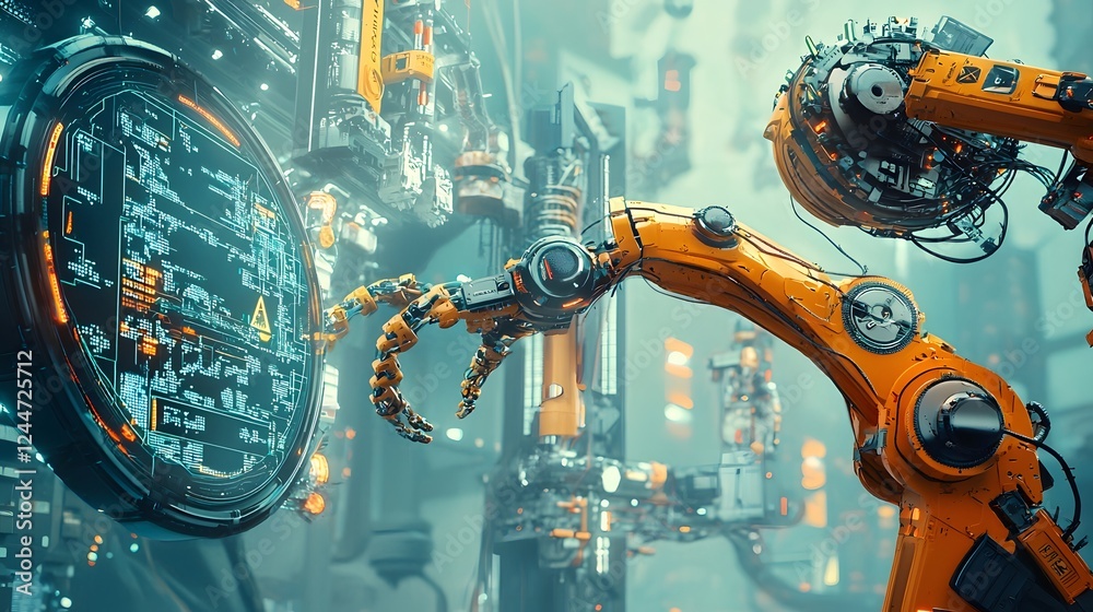 Poster futuristic industrial facility with advanced ai controlled robotic machinery and automation systems 