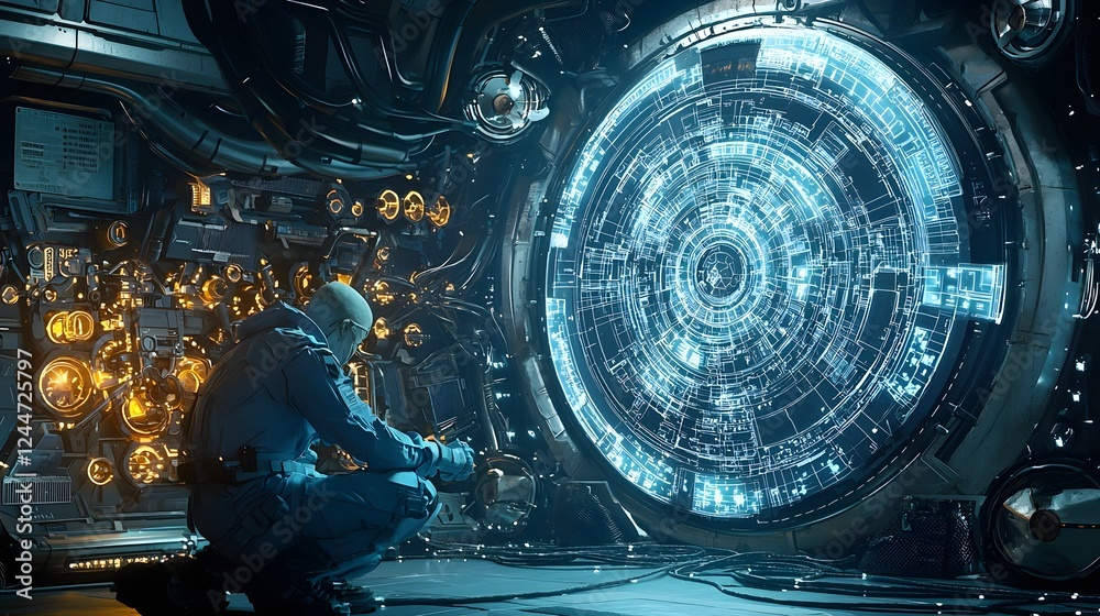 Poster futuristic interior scene with a room filled with holographic projections and displays of intricate 