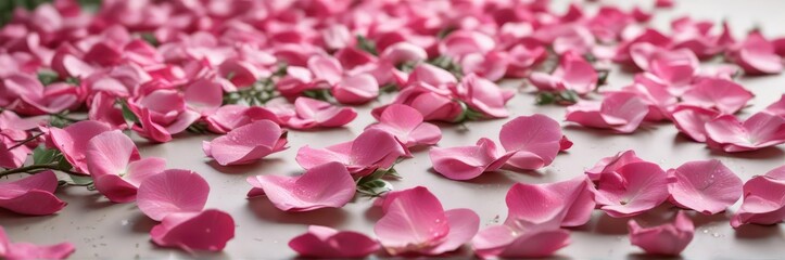Obraz premium Pink rose petals on a subtle gradient background with greenery, soothing, rose, blossoming