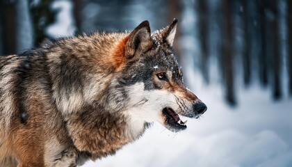Intense Winter Portrait of an Angry Wolf Amidst a Frosty Forest Backdrop, Displaying Dramatic Expressions and Fierce Detail