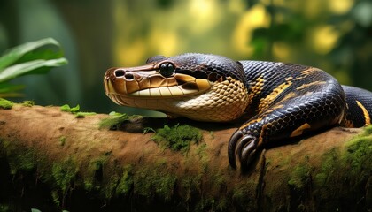 Striking Portrait of an Anaconda, Displaying Unique Scales and Vibrant Eyes in a Wild Rainforest Backdrop, Capturing the Majesty of this Apex Predator in its Natural Habitat.