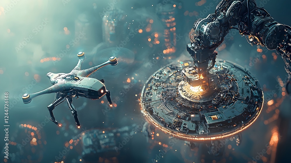 Leinwandbilder futuristic robotic arm meticulously assembling an autonomous military drone in a high tech advanced 