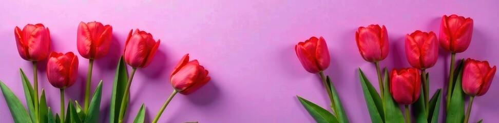 Fototapeta premium Purple background with bright red tulip bunches, spring, arrangement