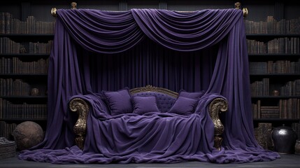 Purple draped sofa, library backdrop, regal setting, product display