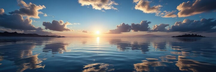 Fototapeta premium Reflection of the sky in a still blue water surface, reflective pool, natural scenery