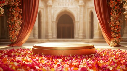  Minimalist Gold Podium with Floral Mandala, Silk Drapes, Rose Petals, Marigolds, Silk Drapes and Indian Temple Courtyard. Copy space. Generative AI 