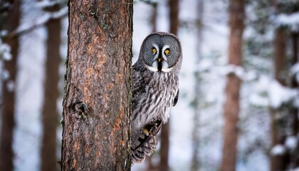 Enigmatic Portrait of a Great Grey Owl Hidden in Winter Forest, Captured amidst Trunk and Snowy Branches, Evoking a Mood of Serene Mystery.