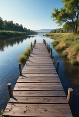 Obraz premium Scenic wooden walkway along the riverbank under a clear blue sky, outdoor, waterfront, idyllic, boardwalk, tranquil
