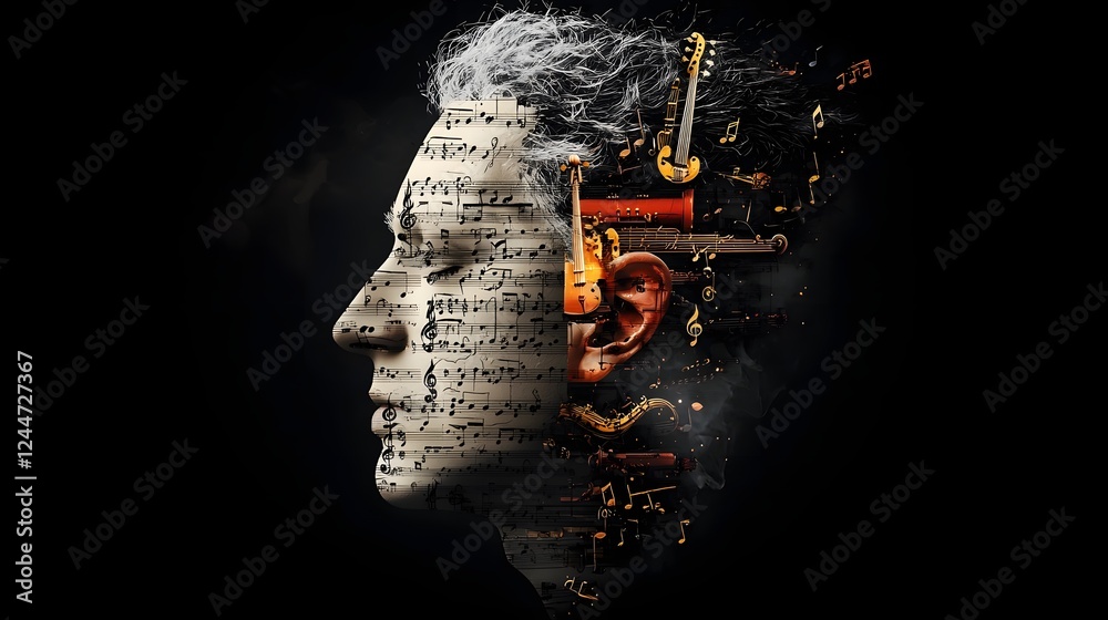 Poster haunting musical face surreal digital art composition of various musical instruments and musical not