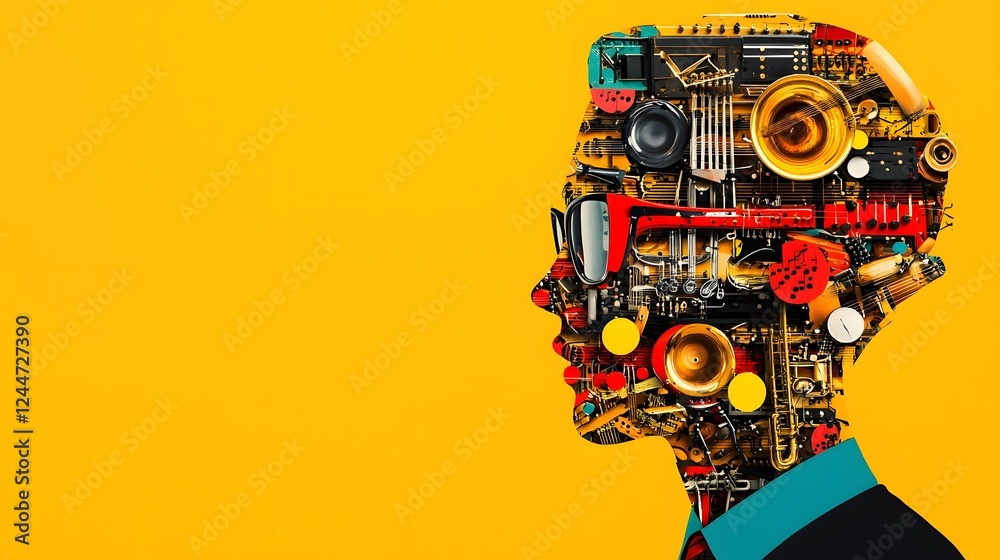 Poster Harmonious Melodies A Surreal and Depiction of a Human Face Composed of Various Musical Instruments and Notes Showcasing the Intricate Interplay of Sound Texture and Color