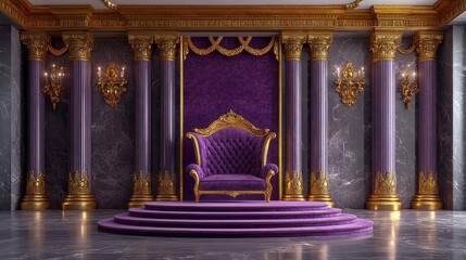 Obraz premium Purple throne, marble palace, gold columns, royal backdrop