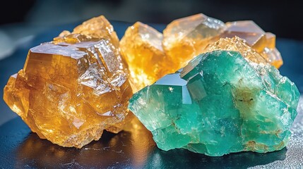 Obraz premium Colorful crystals, close-up, on dark surface, illuminated gemstones