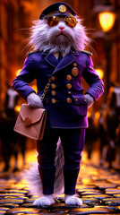Obraz premium A highly detailed 8K digital rendering of a sophisticated fluffy rabbit dressed as a distinguished officer, wearing a tailored navy-blue uniform adorned with golden buttons and a matching officer's ha