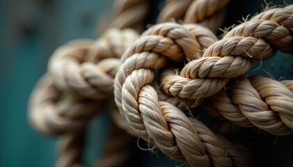 Close-up, weathered ship rope tied in complex knot , texture, detail, brown