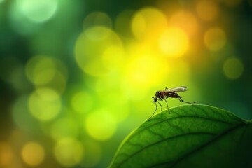 Fototapeta premium Mosquito on a Green Leaf in a Bokeh Background