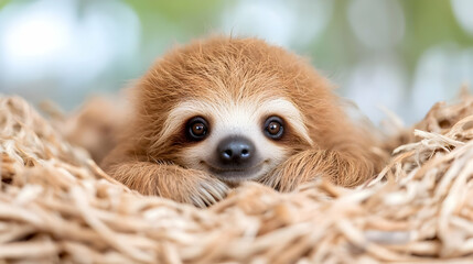 Fototapeta premium Adorable baby sloth in nest, rainforest background, wildlife conservation