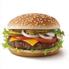 hamburger with a sesame seed bun. The burger has a beef patty, melted cheese, lettuce, tomato, onion, and pickle on top
