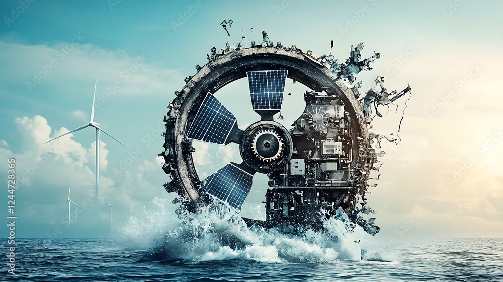 Poster Innovative depicting a futuristic globe shaped control panel with a steering wheel interface composed of renewable energy symbols such as solar panels wind turbines and water energy icons