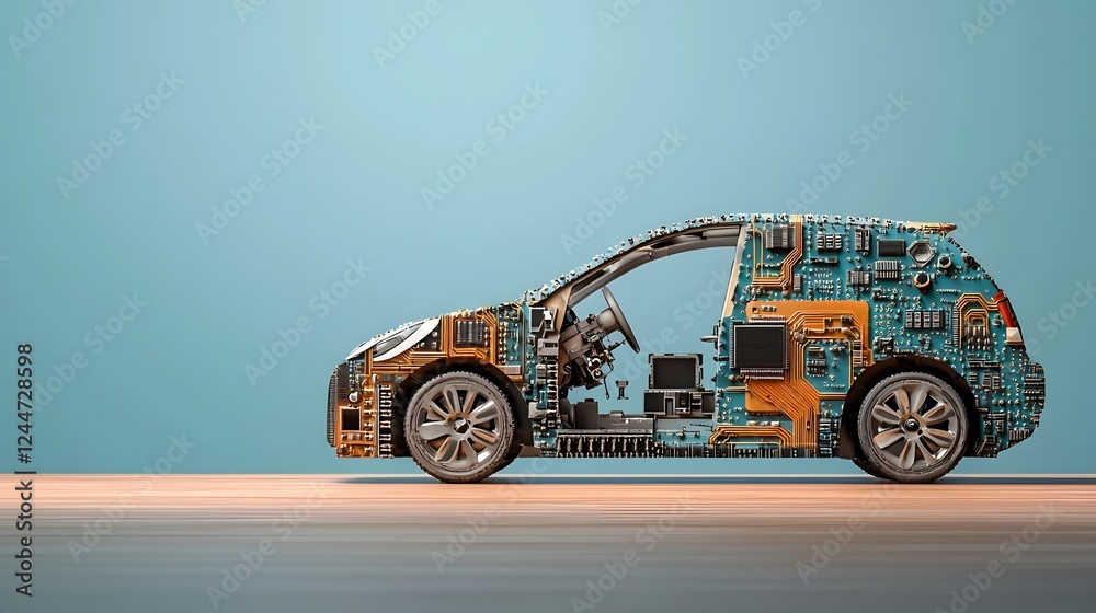 Poster innovative smart electric vehicle crafted from a digital circuit board symbolizing the of advanced t
