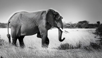 Naklejka premium Monochrome Majesty A Powerful Black and White Elephant Stands in Grassy Savannah Plains under Dramatic Skies at Dusk