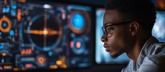 Focused African American Engineer Designs Rockets on Multi-Screen Display, Aerospace Mission Control