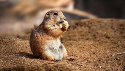 Fototapeta premium Grazing Prairie Dog Nibbling a Peanut Amidst the Kansas Grasslands, Capturing a Moment of Playfulness and Wildlife Interaction in the American West.