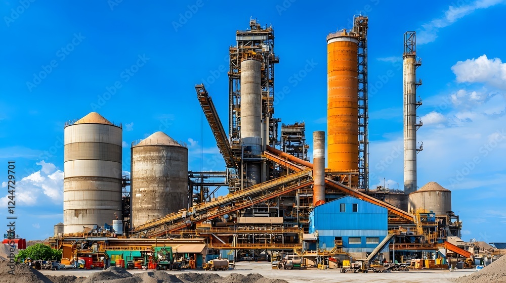 Aufkleber massive industrial cement factory with towering silos conveyor belts and other heavy machinery in fu