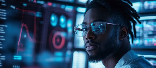 Focused IT Engineer Analyzing Data on Screens, Tech Vision