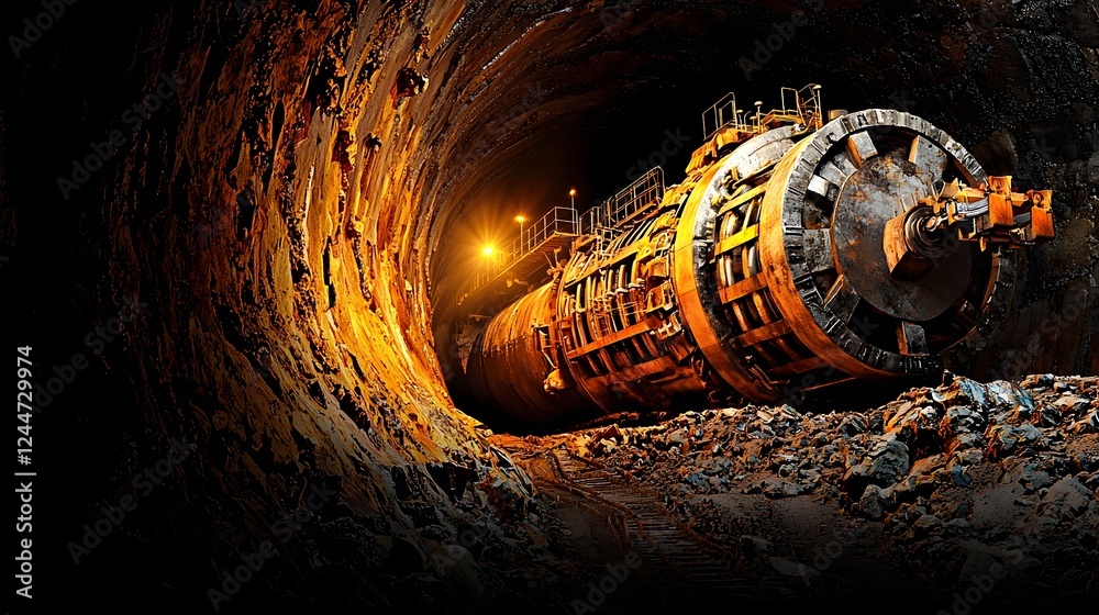 Poster Massive industrial drilling machine in deep within a subterranean mining tunnel part of a subsurface infrastructure project for mineral extraction and energy production