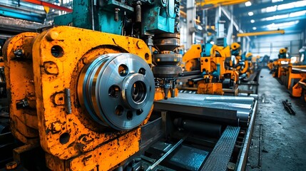 Obraz premium Massive industrial press machine shaping and forming metal parts and components in a large high tech factory production facility Manufacturing and metalworking equipment automation