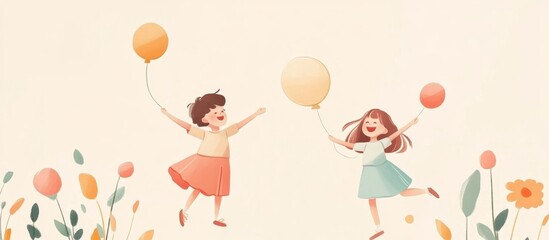 Happy Girls with Balloons Jumping in Sunny Field of Flowers