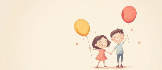Smiling Kids Holding Balloons: Joyful Friendship on Beige, Copy Space