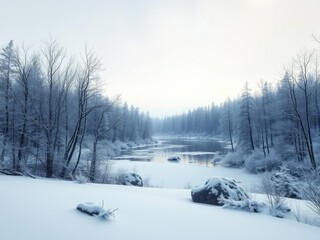 Fototapeta premium Snowy forest landscape with bare trees, frozen lake and frost-covered rocks , frozen ground, frost