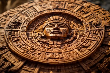 Fototapeta premium From an oblique angle, the central disk of the Aztec calendar shows the face of the solar deity Tonatiuh