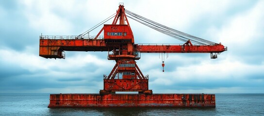 Rusty red crane on a barge in the sea under a cloudy sky.