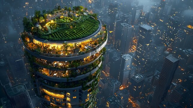 Massive vertical farm skyscraper with glowing green gardens and greenhouses towering over a modern city skyline at night