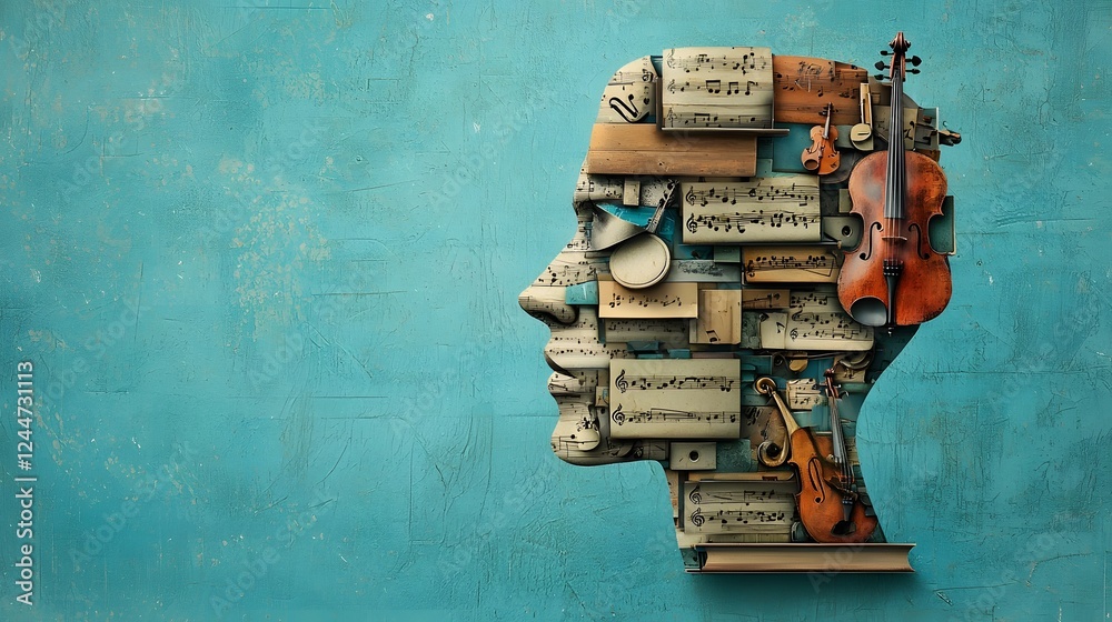Poster melodic face a surreal and captivating portrait composed of a human face made up of various musical 