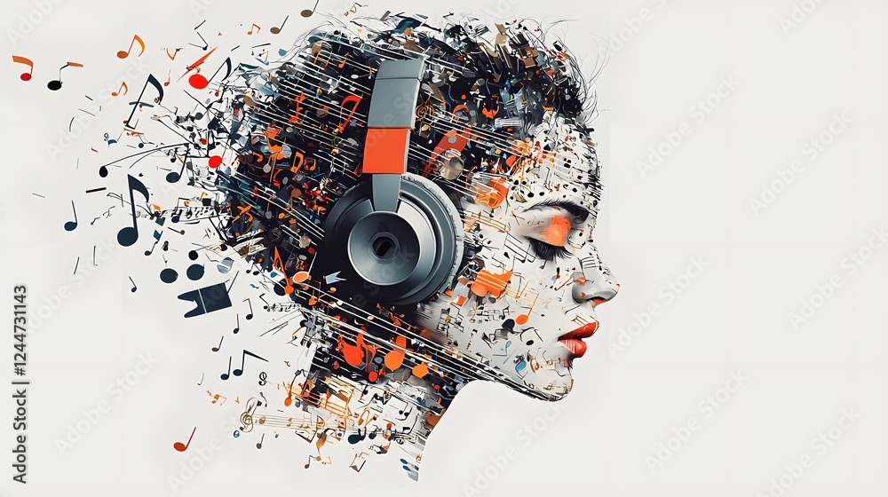 Poster melodic face a surreal digital artwork depicting a human face composed of various musical instrument
