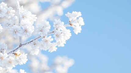Frosty blossoms against a clear blue sky; winter nature scene for cards