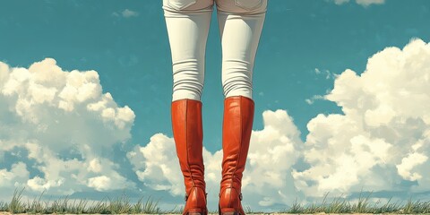 Back view of a person in white pants and bright red boots standing on grass under a vibrant blue sky with fluffy white clouds on a sunny day.