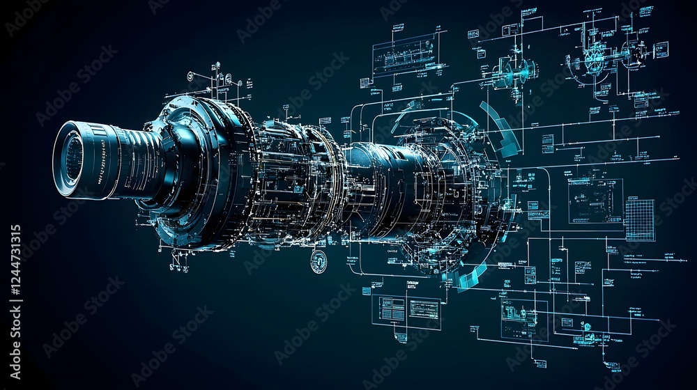 Fototapete Mysterious and intricate blueprint or schematic of an unidentified and highly advanced propulsion system