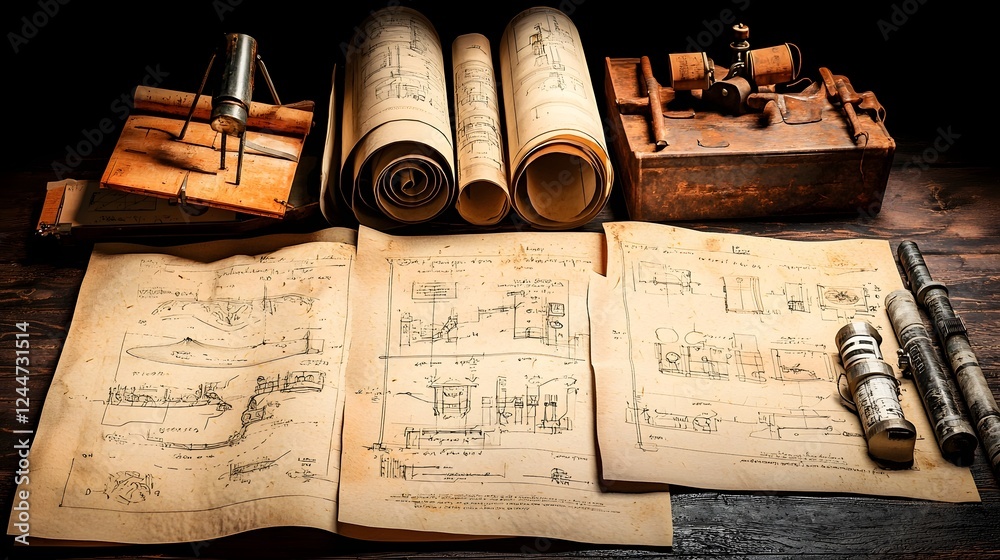 Poster mysterious vintage blueprints and schematics of nikola tesla s rumored secret inventions laid out in