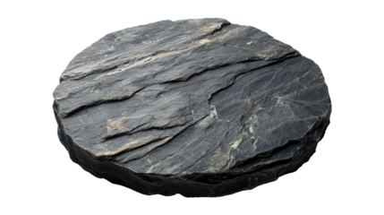 Circular black slate with a layered texture and rough surface. Isolated on transparent background
