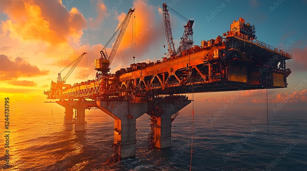 Aufkleber offshore oil and gas production platform undergoing inspection and maintenance at sunset engineers a