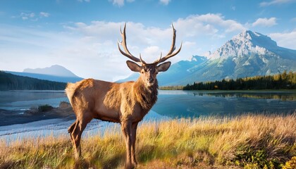 Fototapeta premium Vigilant Stag Grazing by Serene Round Lake at Dusk, Capturing the Tranquility of a Winters Eve in the Wilderness
