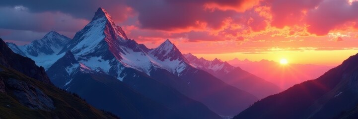 Fototapeta premium Fiery sunset paints majestic peaks, shadows lengthen across valleys , twilight, view, cliff