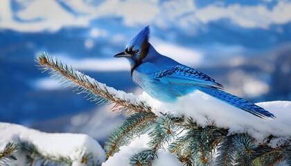 Vibrant Stellar Jay Braving Winters Chill Majestic Bird Perched on Snowy Branch Amidst Frosty Forest, Showcasing Plumage in Contrast to White Backdrop.